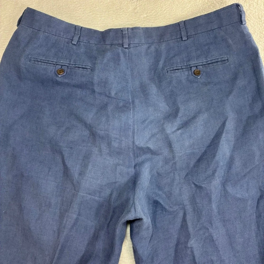 Vintage Polo Ralph Lauren Linen Pant Men 38x32 Blue Pleated Cuffed Dress Trouser